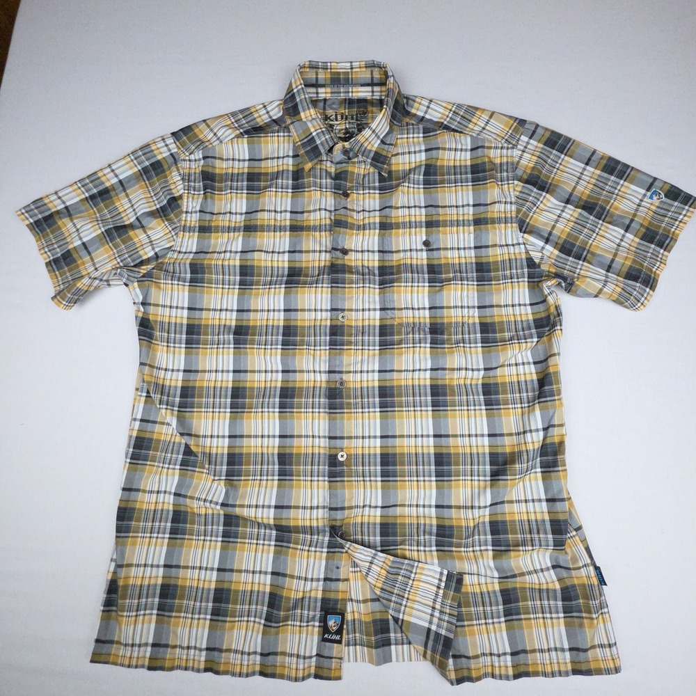 KUHL Mountain Gear Short Sleeve Button Front Shirt Mens XL Yellow Plaid Poly